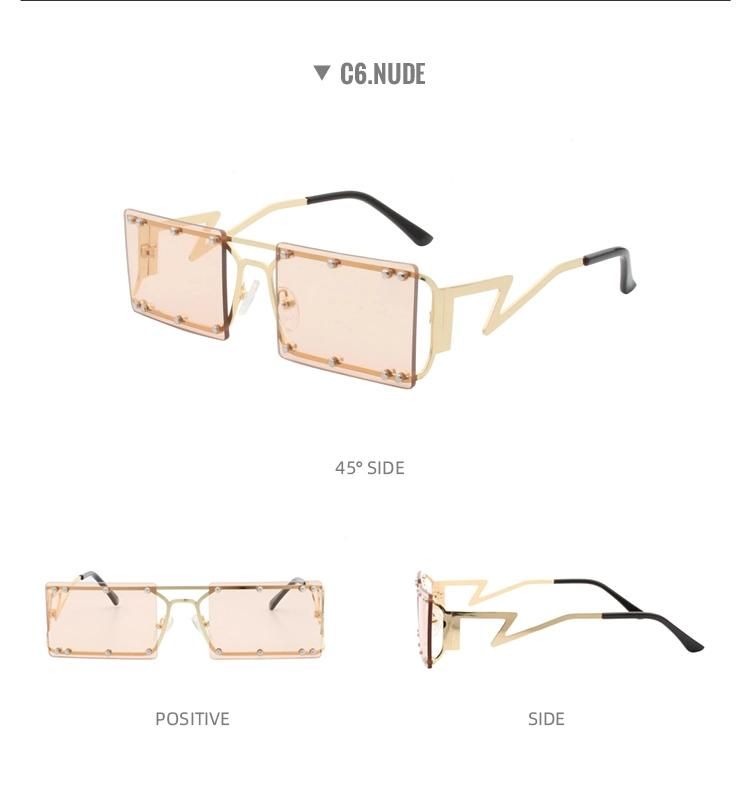 2022 Retro Trendy Unique Women Men Sun Glasses River Luxury Metal Frame Tinted Rectangle Rimless Rivet Sunglasses