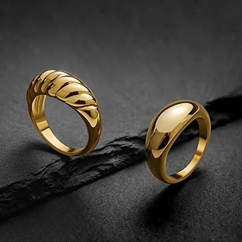 Fashion Gift Stainless Steeel 18K Gold Plated Jewelry Croissant Braided Twisted Signet Chunky Dome Ring for Lady