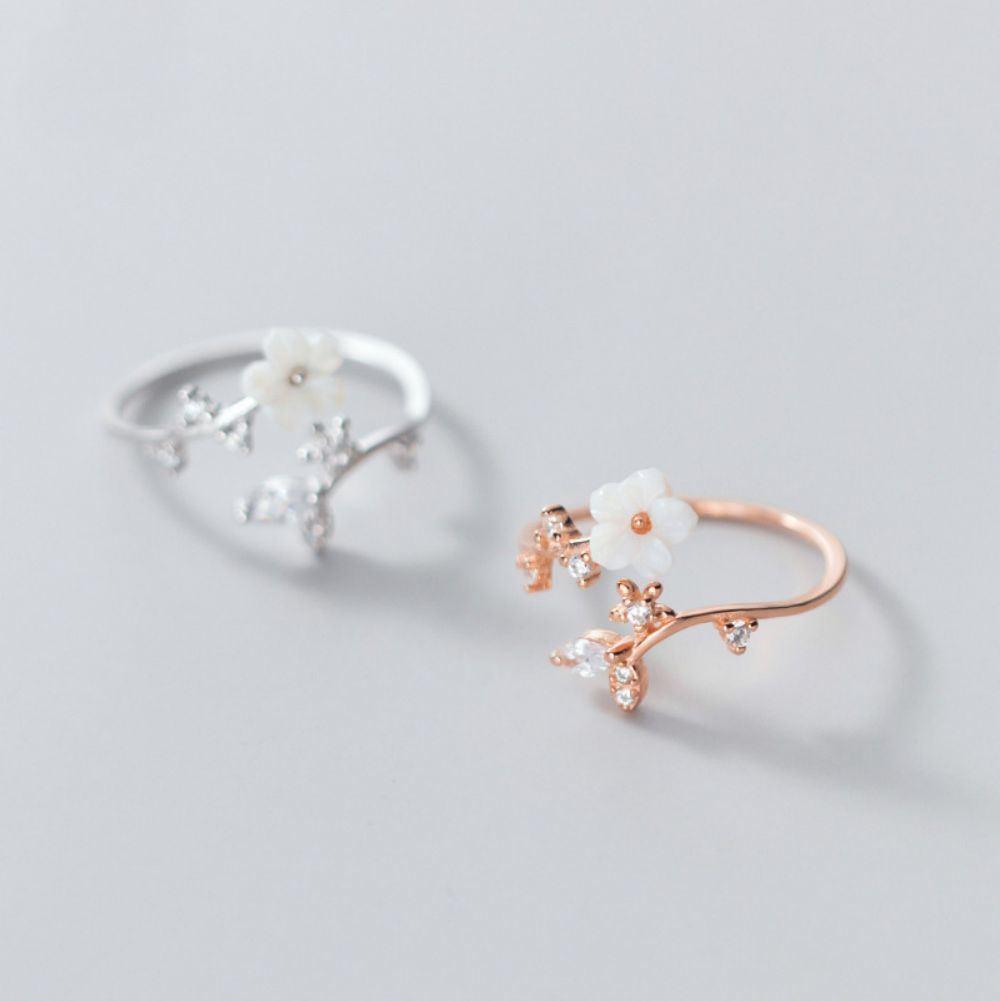 Real 925 Sterling Silver Ring Flower Leaves Zircon Adjustable Ring Women Vintage Fashion Jewelry Girlfriend Gift