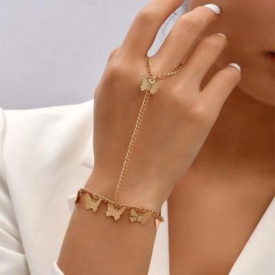 2022 Manufacture New Fashion Design 18K Gold Plated Trendy Butterfly Bracelet with Chain Figure Rings Personality Hand Women Bracelet
