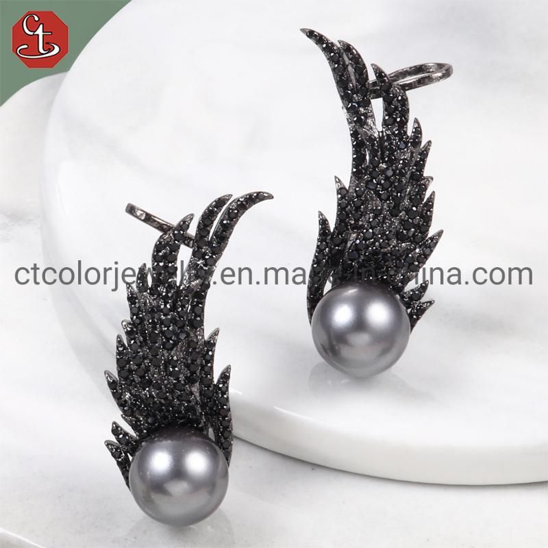 Fashion Black Pearl Wing Shape Design Earrings