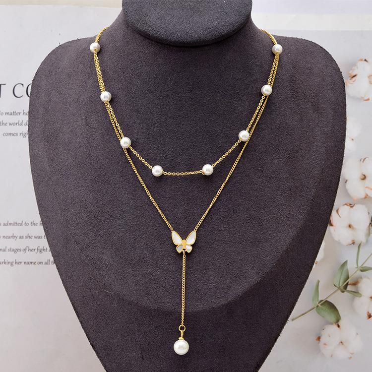 Factory Wholesale Fashion Jewelry Fashion Jewelry Double-Layer Chain Stainless Steel Plated Double-Layer Pearl Necklace