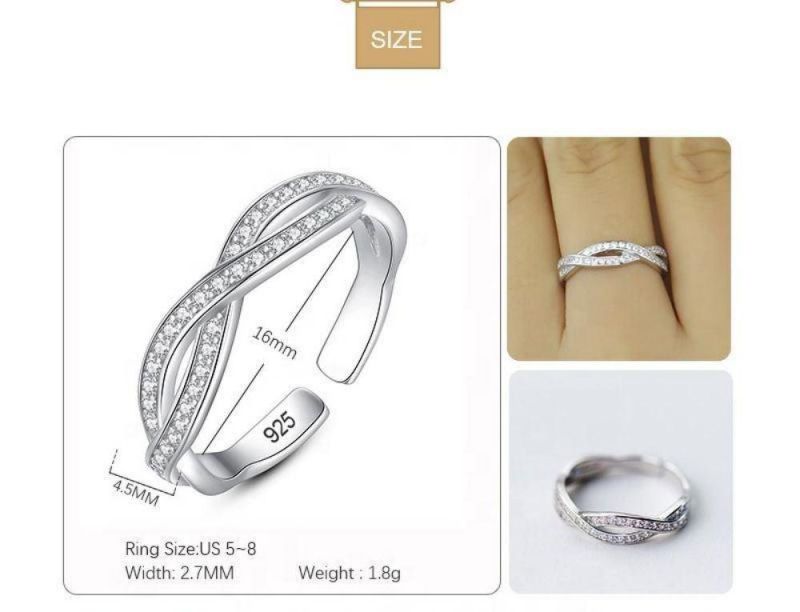 Real 925 Sterling Silver Geometric Zircon Fashion Adjustable Open Ring Women Wedding Ladies Girls Jewelry Gift