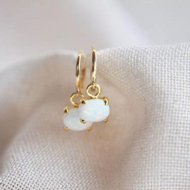 Claw Setting Pear White Opal Gemstone Dangle Charm Jewelry 925 Sterling Silver Hoop Gold Plated Earrings