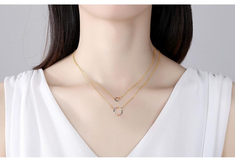 Double Layer Necklace with Cubic Zircon Clavicle Chain Round Pendant