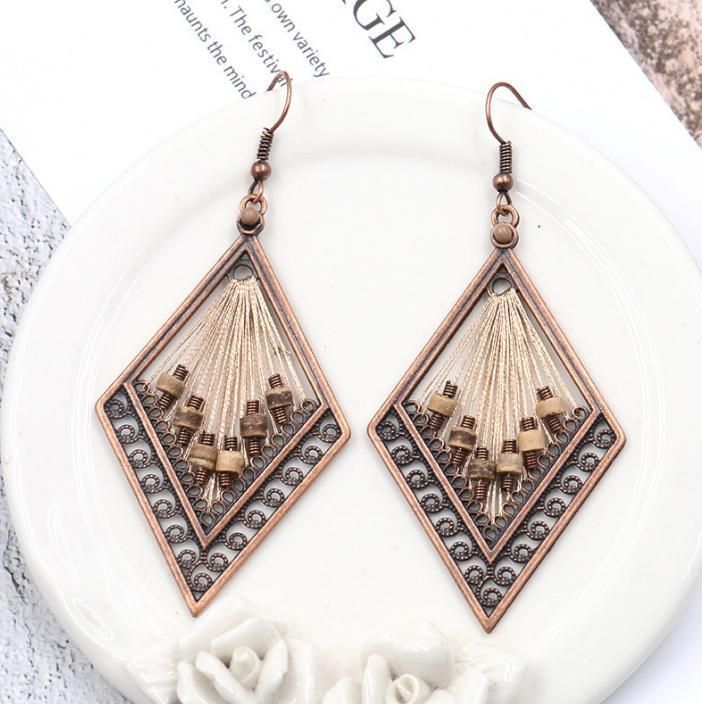 Fashion Hand-Woven Rhombus Wood Bead Earrings