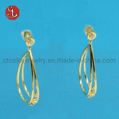 Hot Sale Popular White CZ 14K Gold Plated Double Plain Line Circle Pin Stud Twisted Earring Brass Copper Silver Jewelry