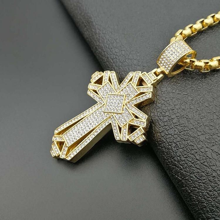 Titanium Steel Color Gold Plated Full Diamond Cross Pendant Necklace