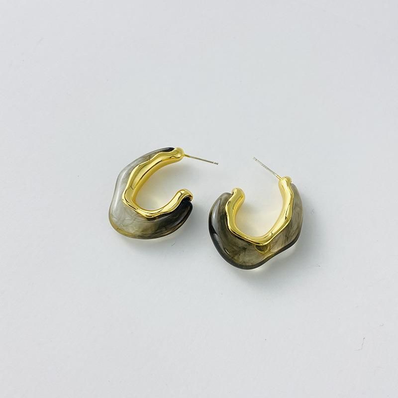 C-Shape Resin Ink Style Brass Silver Needle Earring