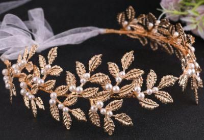 Bridal Wedding Pearl Gold Leaf Headband Tiara Hair Comb Headpiece