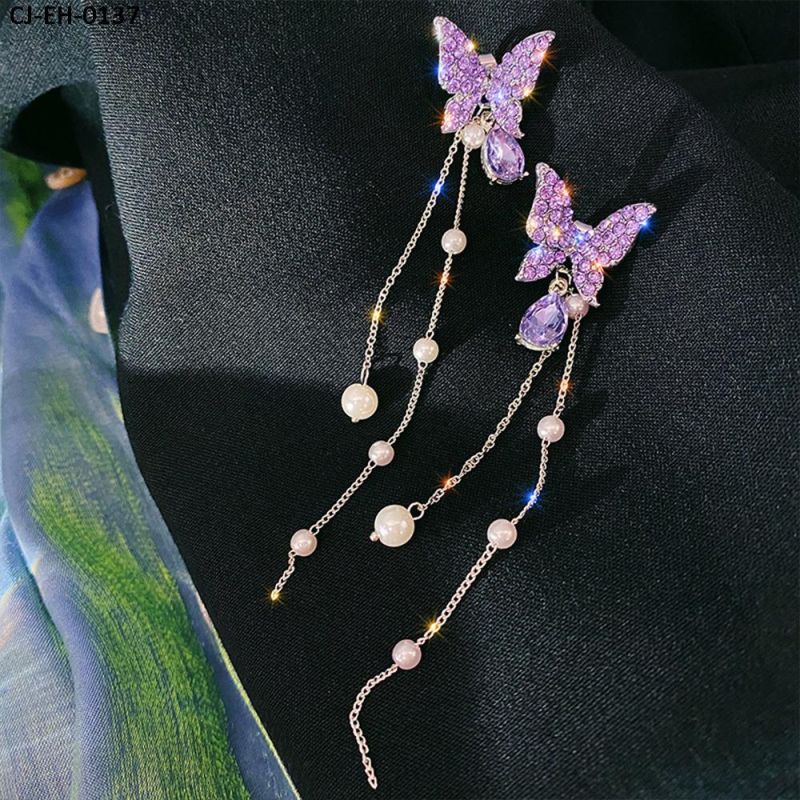 925 Silver Earrings Needle Women High Sense Crystal Purple/Colorful White Sparkling Butterfly Tassel Diamond Long Earrings