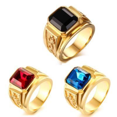 Korean Version of Popular Jewelry Wholesale 16 mm Stainless Steel Red Rhinestone Ring Gold Ring