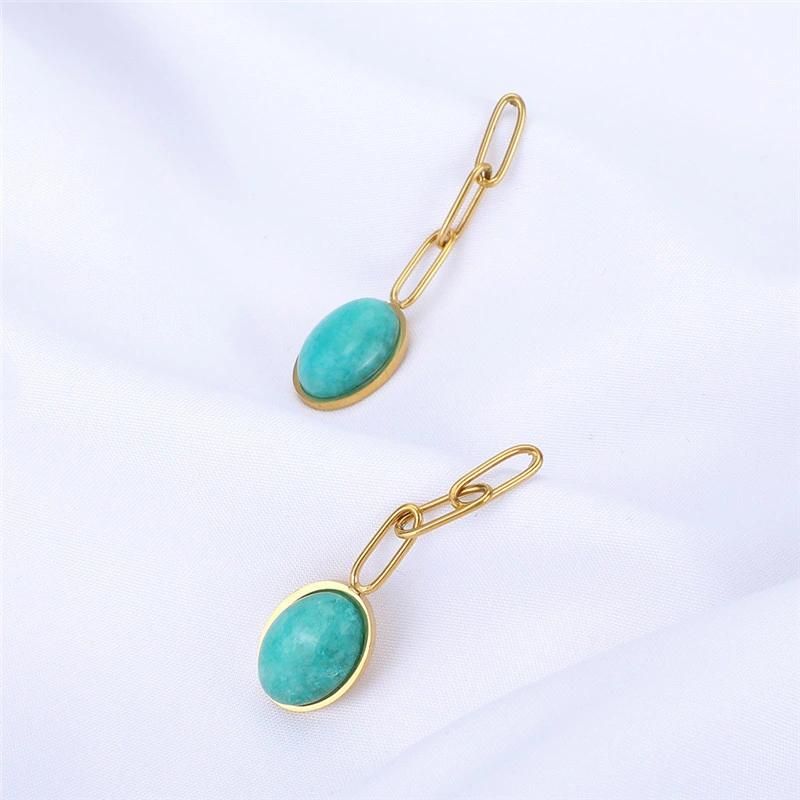 18K Gold Plated 3 Cuban Link Chain Oval Green Natural Marbling Semiprecious Stone Pendant Earrings for Women Fashion Jewelry Earrings Gift