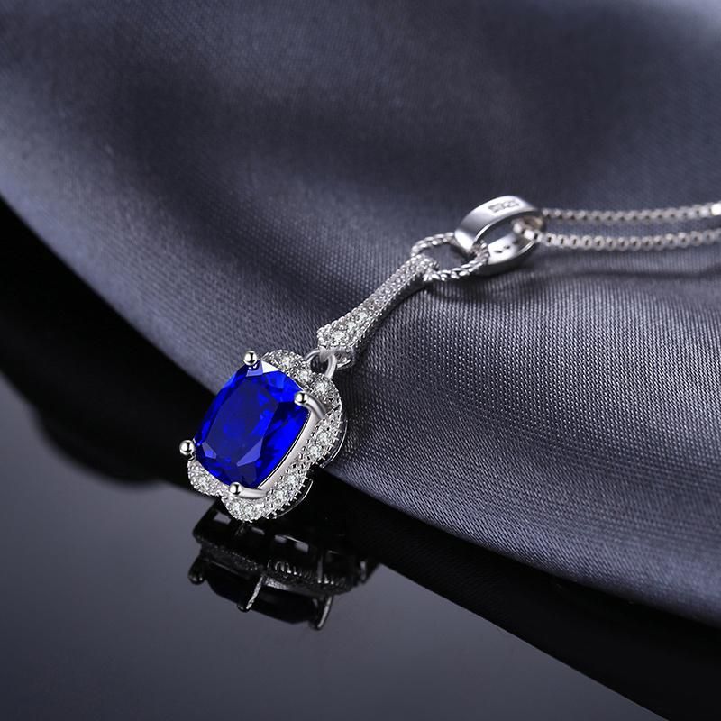 Created Blue Sapphire Pendant Necklace Elegant Rectangle 925 Sterling Silver Jewelry