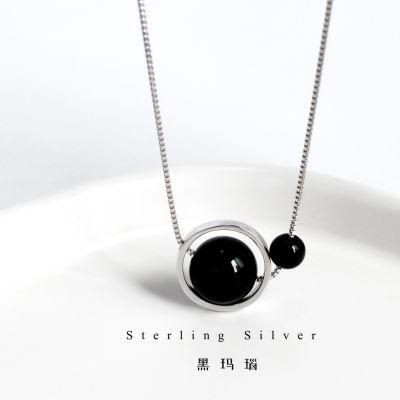 925 Silver Geometric Ring Black Agate Necklace Fashion Chain Jewelry