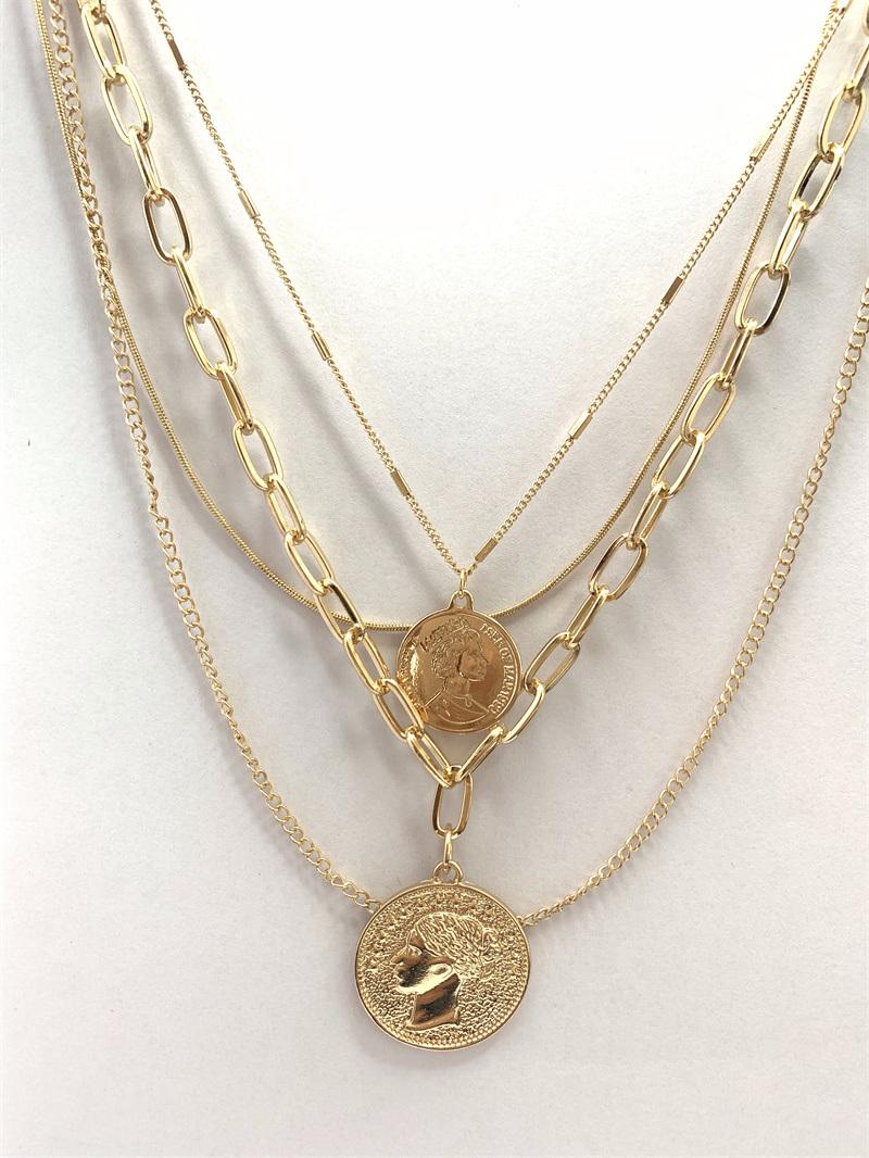 2021 Fashion Jewellery Vacation Gold Plated Personality 4 Layered Necklaces with Coin and Human Head Round Disc Charm Multi-Layered Necklace Jewelry