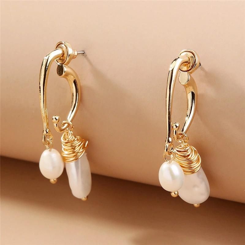 Factory Wholesale Casting Alloy Wrapping Irregular Shape Baroque Pearl Drop Stud Earrings for Women