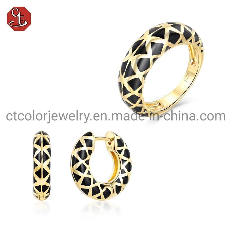 Fashion Black Enamel Silver Brass 18K Gold Plated Fine Jewelry Ring