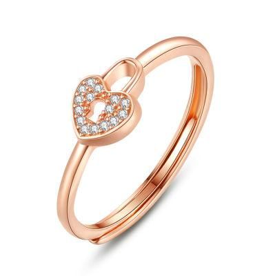 925 Sterling Silver Zircon Heart Lock Adjustable Ring Women Exquisite Sweet Wedding Jewelry