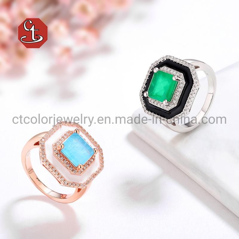 Fashion 925 Sterling Silver Jewelry Square Colored Stone Rings