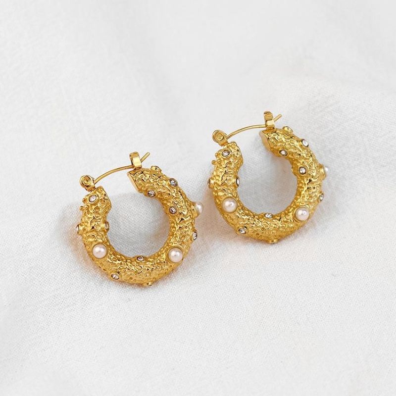 Exaggerated Circular Pearl Zircon Earrings 18K Gold Plated Jewelry Hoop Earrings