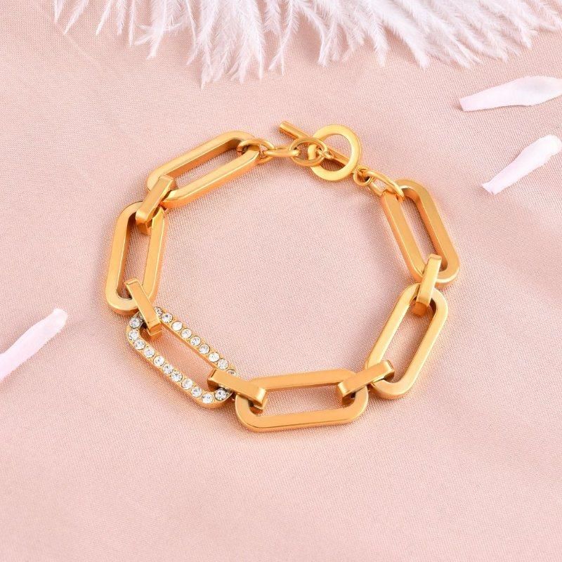 Gold Plated Not Allergic Thick Paper Clip Bracelet with Zircon Stone/ Crystal for Ladies Women
