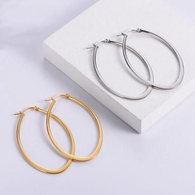 18K Gold Plated Stainless Steel Womens Trendy Jewelry Exaggerated Geometric Oval Big Hoop Earrings