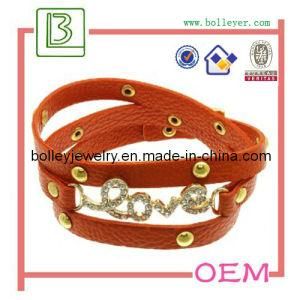 Genuine Brown Leather Bracelet with Love Metal Pendant