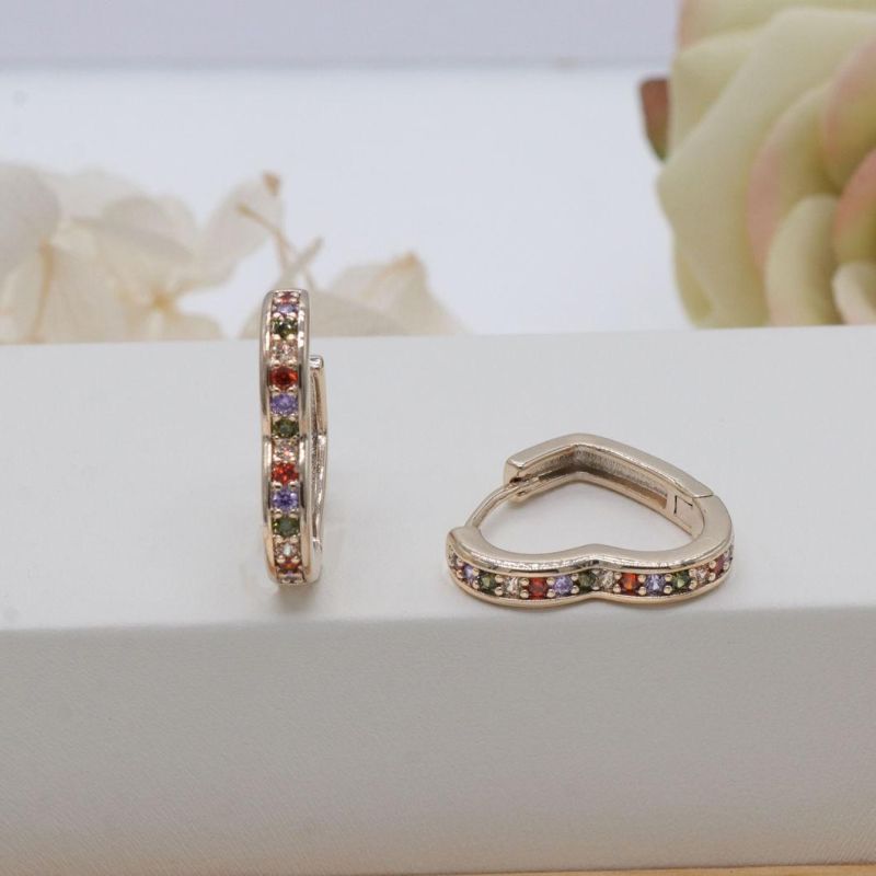 Colored Zircon Inlaid 18K Gold Plated Women′s Heart Earrings