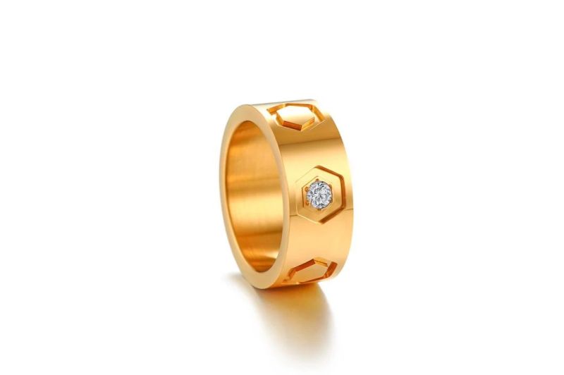 Gold Plating Hexagon Shape Sample Design Engagement Stone Ring