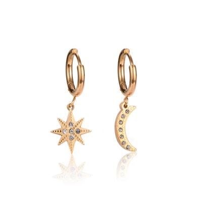 Fashionable Moon and Star 14K Gold Plated Asymmetrical Earrings Hoop Stainless Steel Ear Buckle Earrings