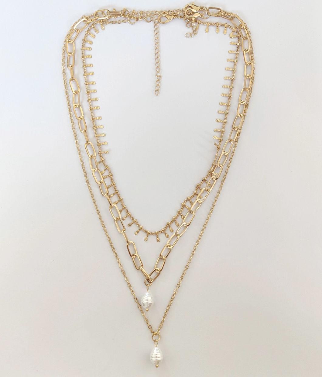 Fashion Jewelry 3 Layered Link Chain Pearl Choker Necklaces with Curb Links and Mini Bars Fashion Accessories