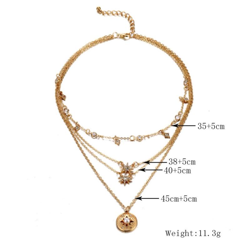 Luxurious Women Pearl Multi Layer Choker Long Necklace with Star Charm