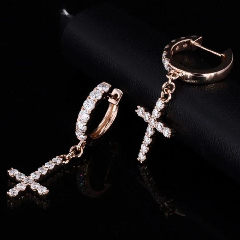 14K 18K Rose Gold Plated 925 Sterling Silver Moissanite Gemstone Cross Hoop New Design Earrings