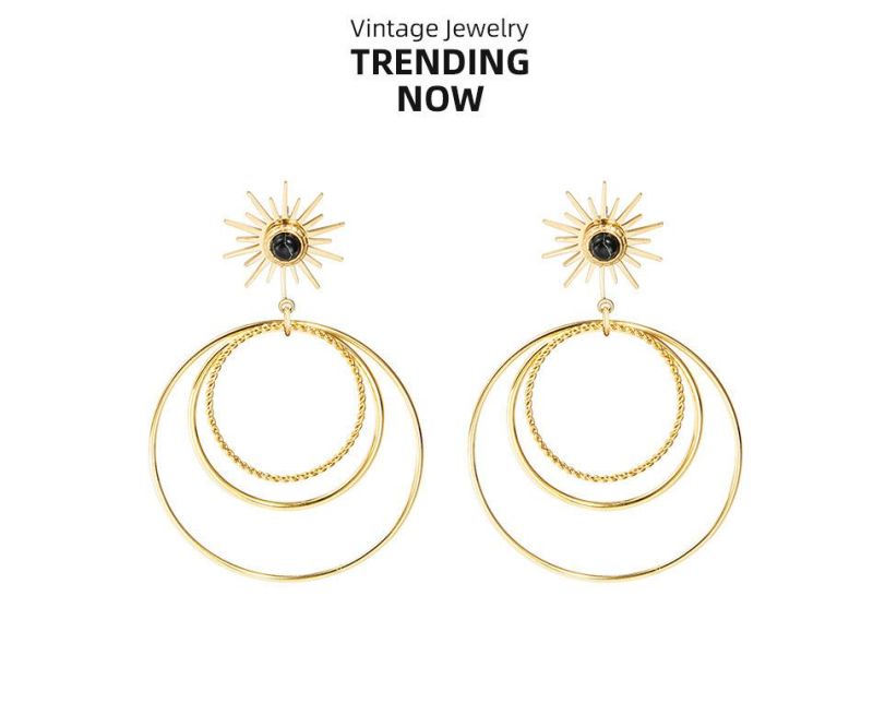 Stainless Steel Jewelry Triple Circles with Natural Stones Earrings