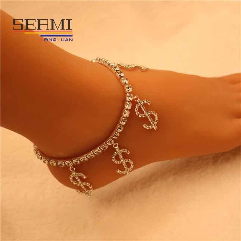 Rhinestone Dollars Cubic Zirconia Gold Charm Anklet Bracelet for Women