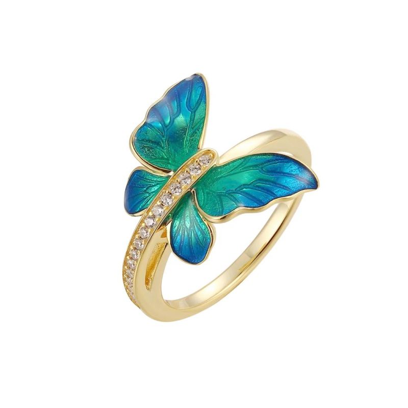 Young Girl′s blue Bufferfly 925 Silver Enamel Ring