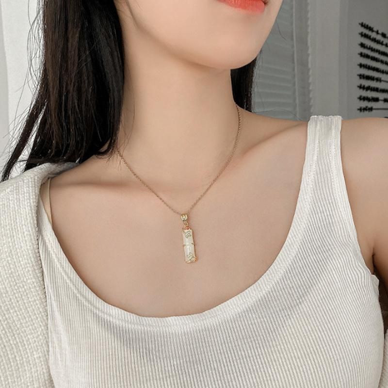 Titanium Steel Natural Stone Bamboo Necklace Jewelry Pink Natural Jade Bamboo Necklace for Women Girls