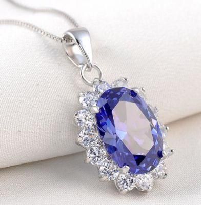 Vintage Style Royal Blue Simulated Sapphire AAA CZ Oval Halo Crown Pendant Necklace for Women 925 Sterling Silver