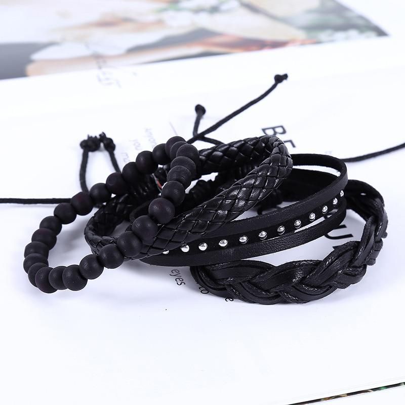 4 Piece Leather Cuff Bracelet for Men and Women Punk Rock Braided Bracelet Via Brown Black Wristband Handmade Jewelry