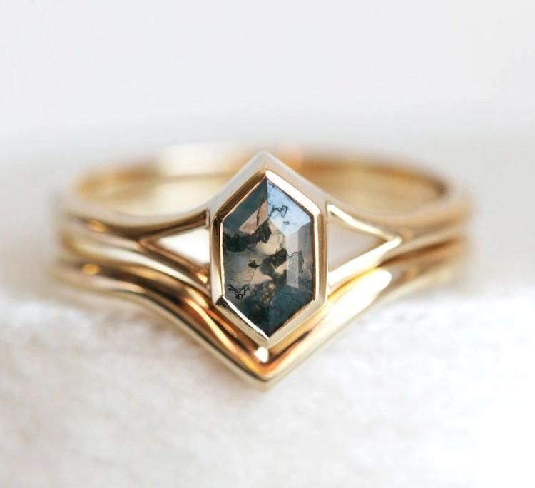 Hexagon-Cut Green Moss Quartz Brezel Sterling Silver Ring Moss Agate Jewelry Vintage Ring