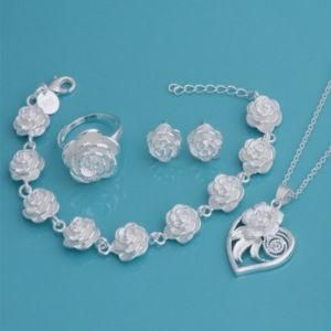 Fashion New Design 2013 Jewelry Set Silver Plated Frosted Rose Necklace Bracelet Earrings Ring Bridal Wedding Jewelry Set