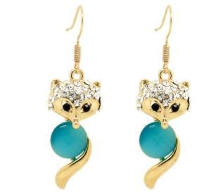 Lovely Fashion Rhinestone Blue Cat&prime;s Eye Glass Fox Earrings W/ Gift Boxes (C00109)