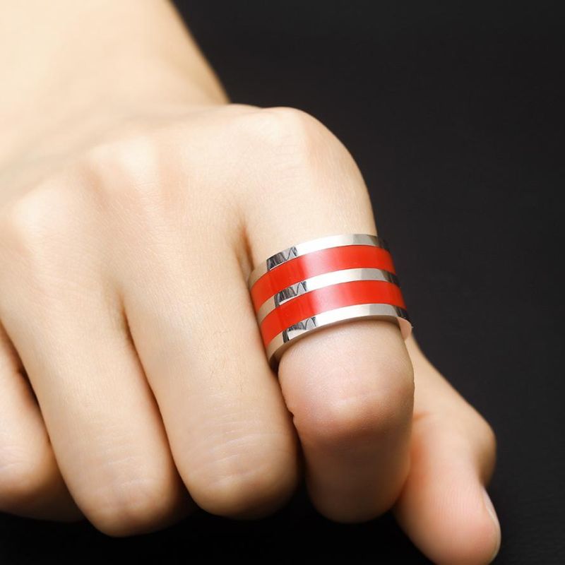 Silver 316L Stainless Steel Ring Finger Chunky Wedding Jewelry Red Enamel Ring