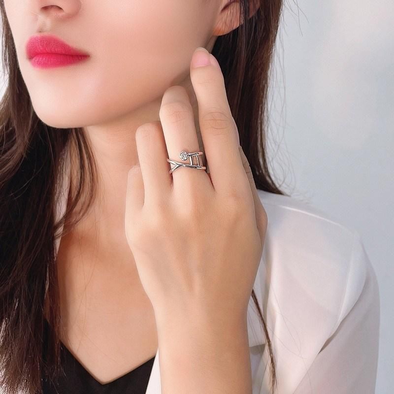 S925 Silver Ring Female Ins Design Texture Geometric Opening Ring