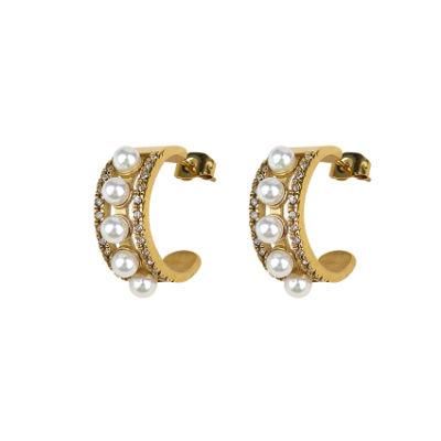 3 Designs Stainless Steel Cubic Zircon Twisted Wide Chunky Hoop Earrings 18K Gold Plated Pearl Earrings Statement Jewelry 2022