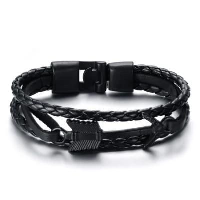 Stainless Steel Leather Bracelet Arrow Hand Rope Black Personalized Men&prime;s Bracelet