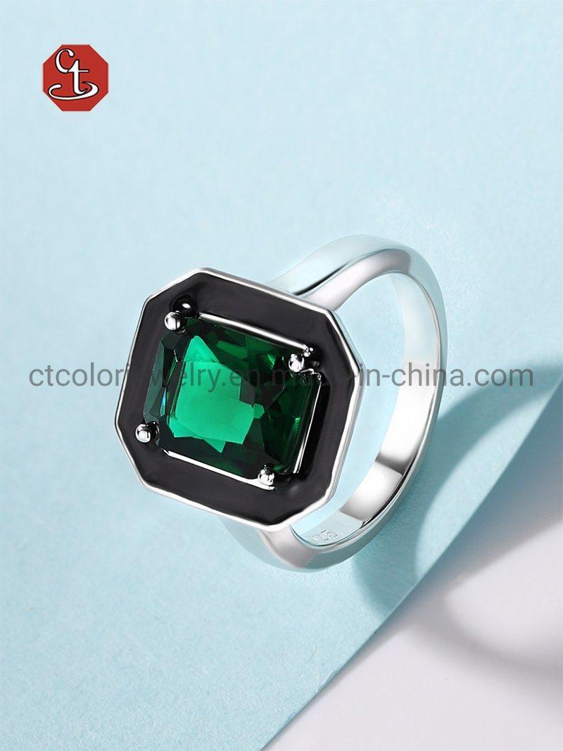 S925 Sterling Silver Rings Zircon Jewelry Wholesale Square Emerald Color Cubic Zirconia Stones Ring