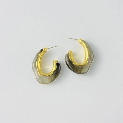 C-Shape Resin Ink Style Brass Silver Needle Earring