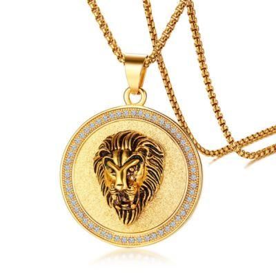 New Fashion Men&prime; S Stainless Steel Rhinestone Lion Head Pendant European Style Gold Pendant